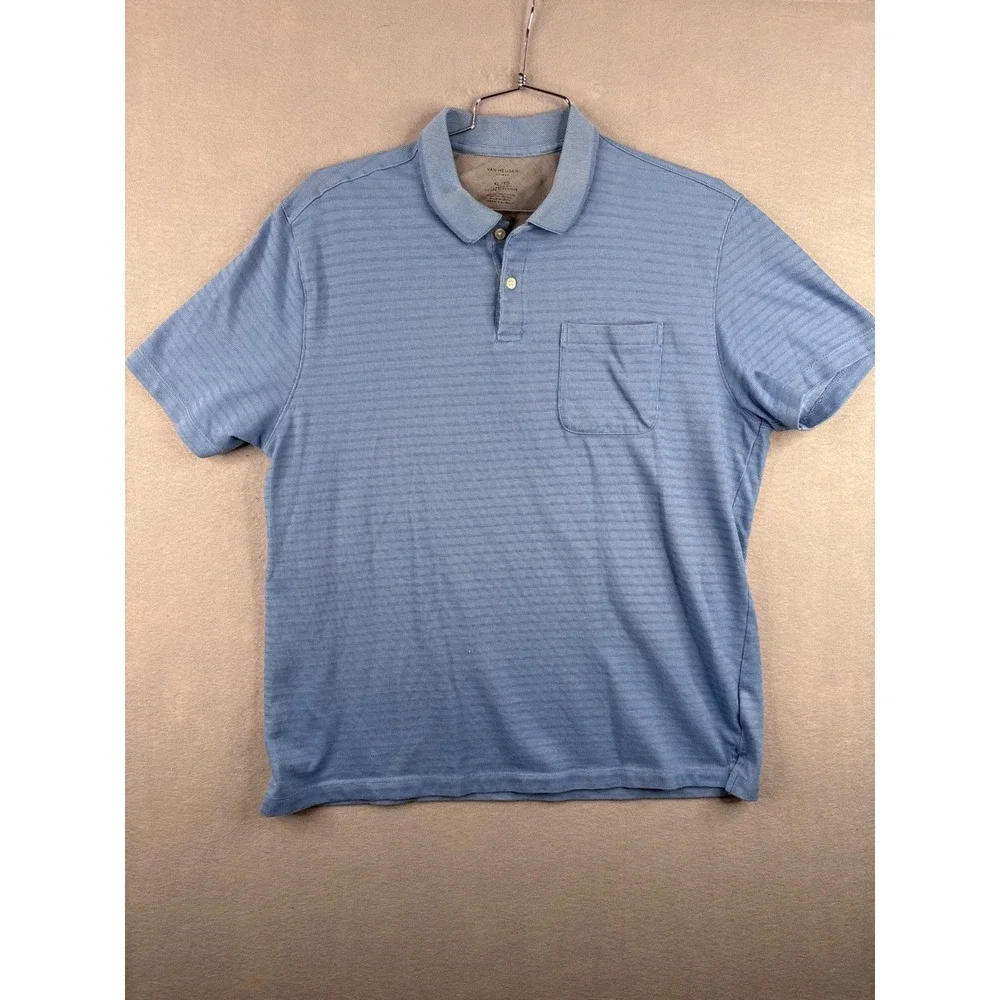 Van Heusen Flex Men XL Blue Striped Short Sleeve Polo Shirt Classic Fit Pocket